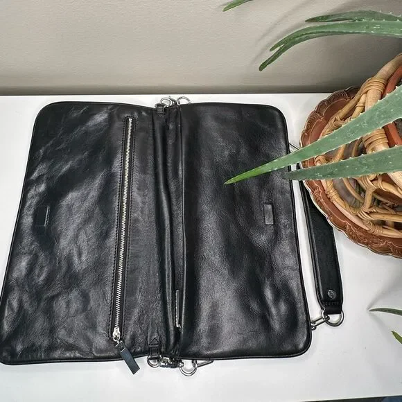 Tory Burch Black Leather Fold-Over Clutch | Removable Chain Strap | Silver Logo - Picture 5 of 12